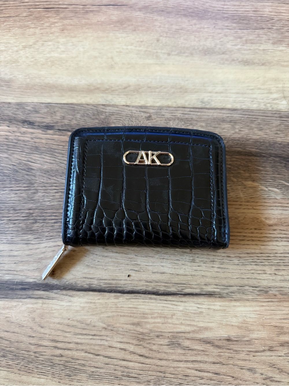 Anne Klein Black Croc-Embossed Zip Card Holder with Gold Logo